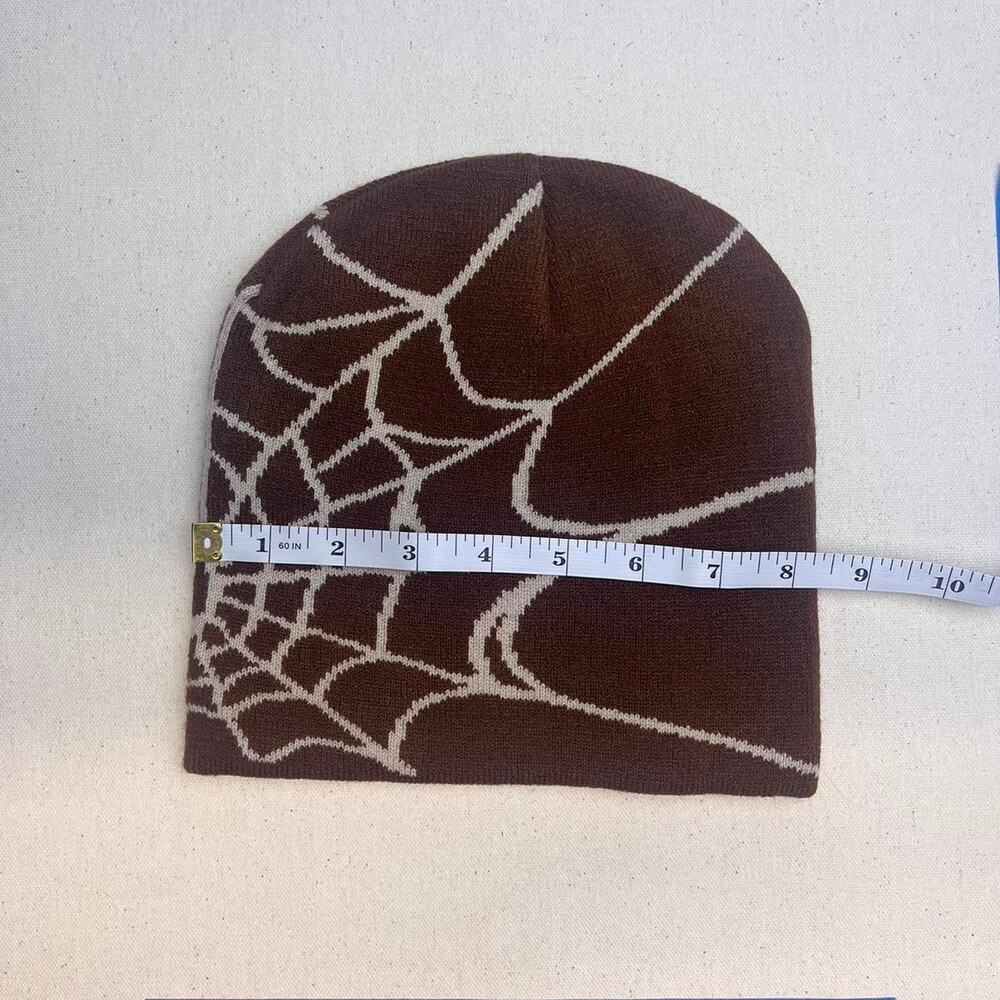 Y2k 2000s grunge gothic spiderweb brown beanie - Picture 3 of 6